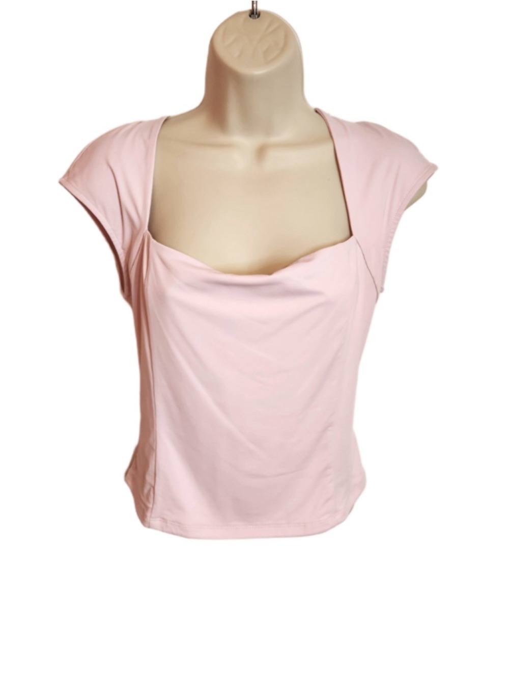 Elodie Square Neck Cap Sleeve Knit Crop Fitted Blouse Top Light Pink Large - Picture 2 of 7